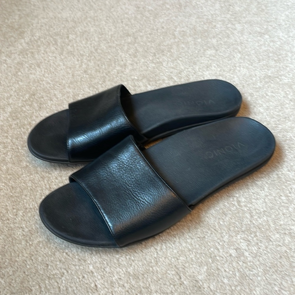 Vionic Black Leather Slide Sandals
